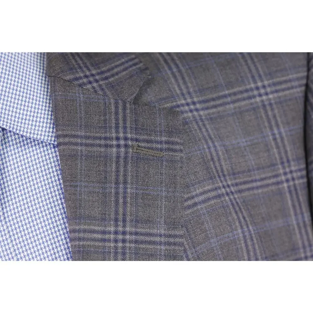 G. Manzoni Gray Blue Windowpane Super 130's Wool Sportcoat Blazer 46R